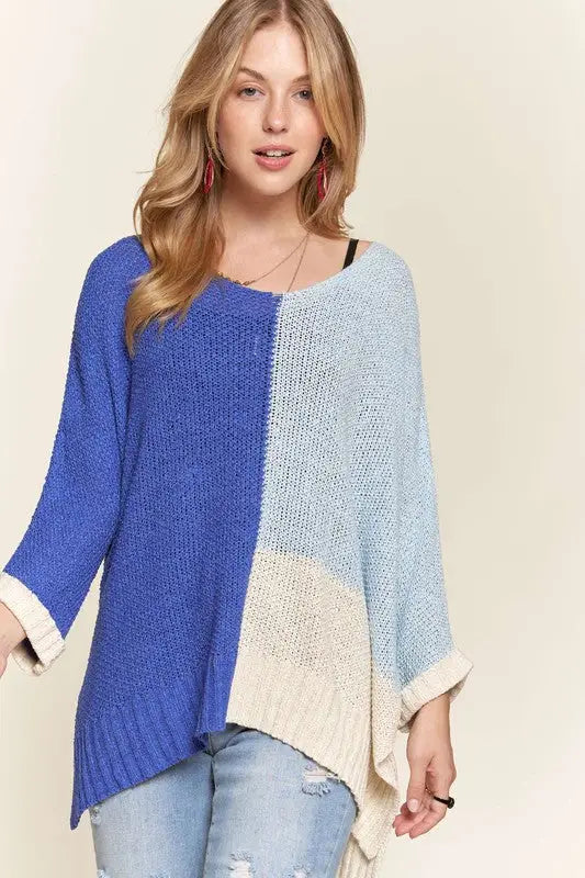 Side Slit Blue Color Block Sweater - Eclectage