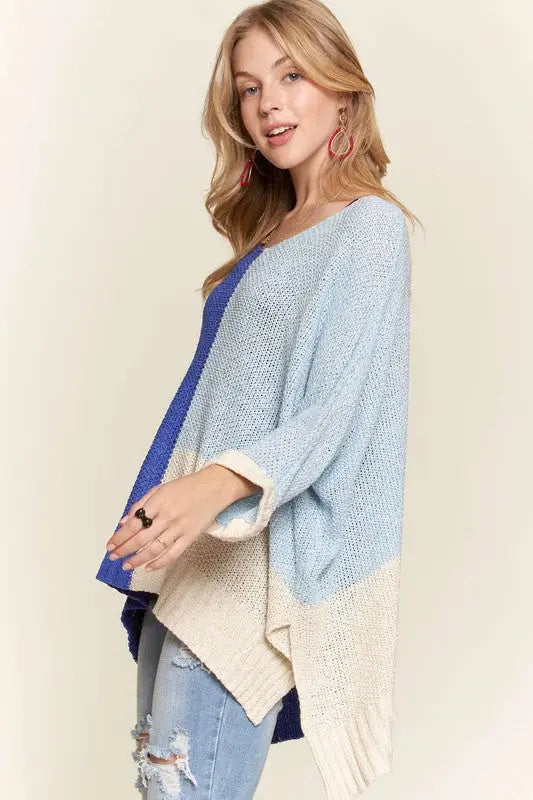 Side Slit Blue Color Block Sweater - Eclectage