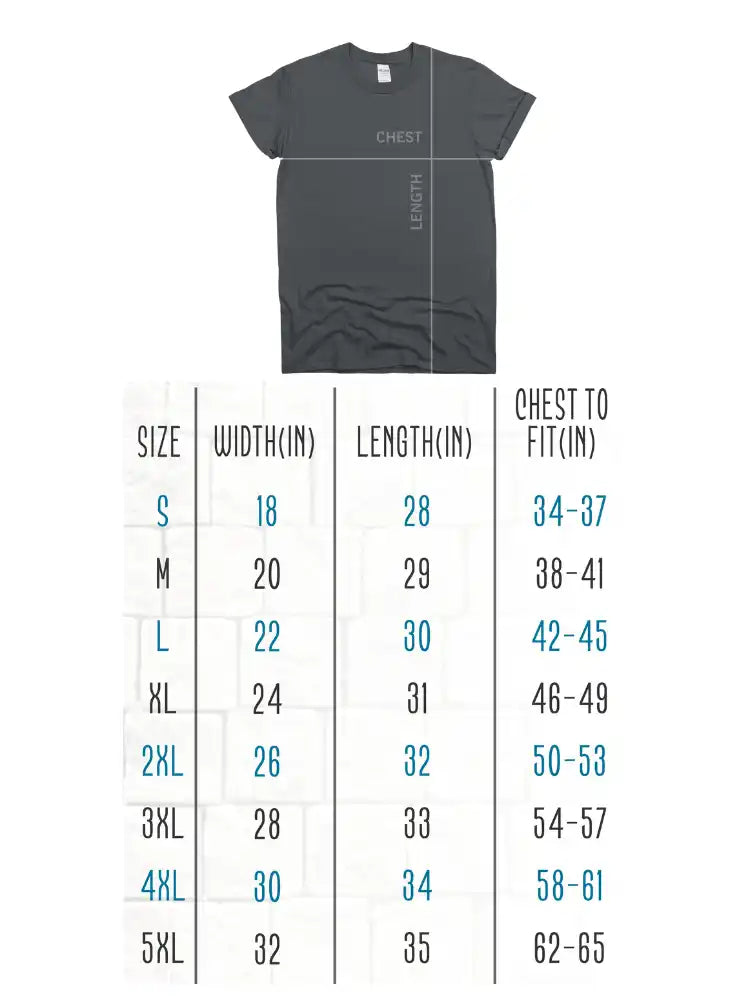 Size chart showing t-shirt measurements from S to 5XL with width, length, and chest fit dimensions.