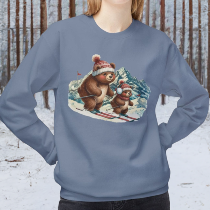 Skiing Bears Crewneck Fleece Lined Sweatshirt