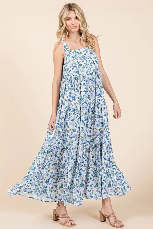 Flower Print Tiered Sleeveless Maxi Dress - Eclectage