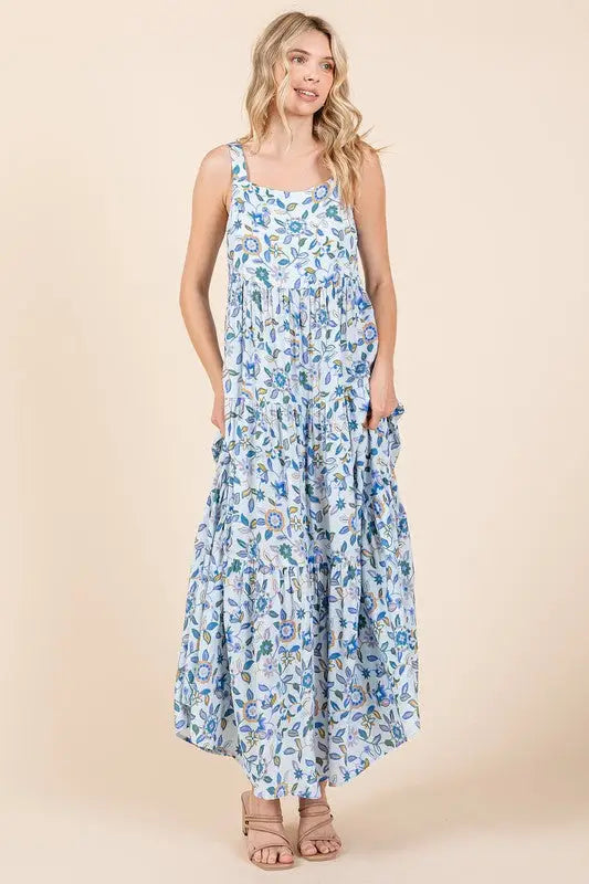 Flower Print Tiered Sleeveless Maxi Dress - Eclectage