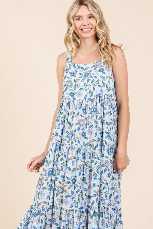 Flower Print Tiered Sleeveless Maxi Dress - Eclectage