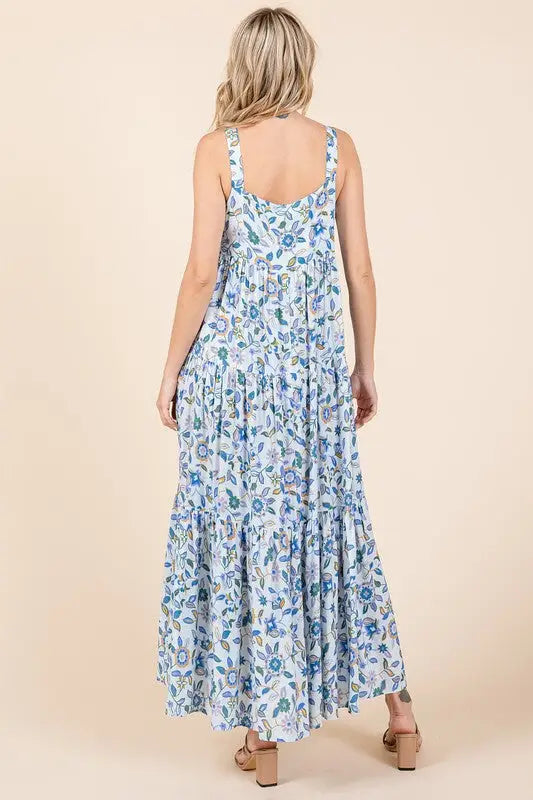 Flower Print Tiered Sleeveless Maxi Dress - Eclectage