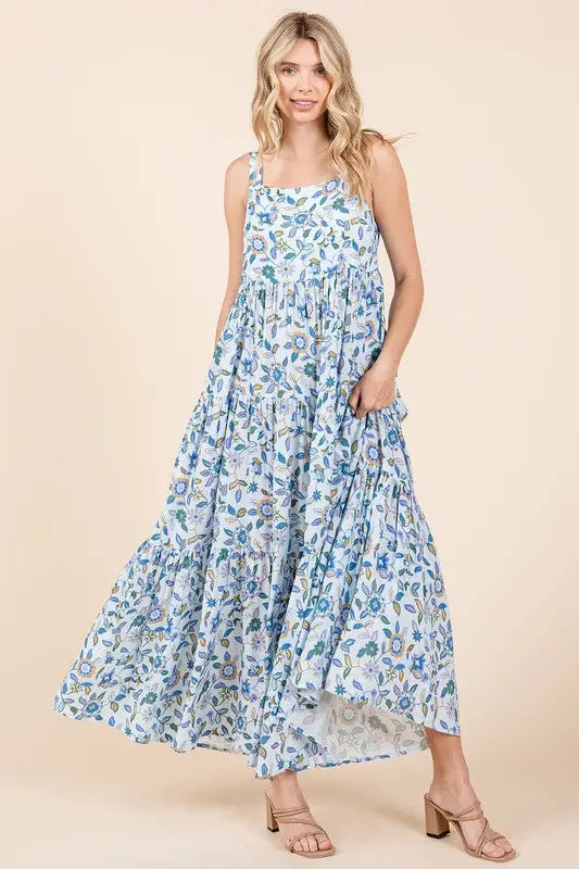 Flower Print Tiered Sleeveless Maxi Dress - Eclectage
