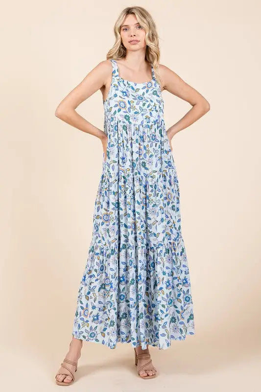 Flower Print Tiered Sleeveless Maxi Dress - Eclectage