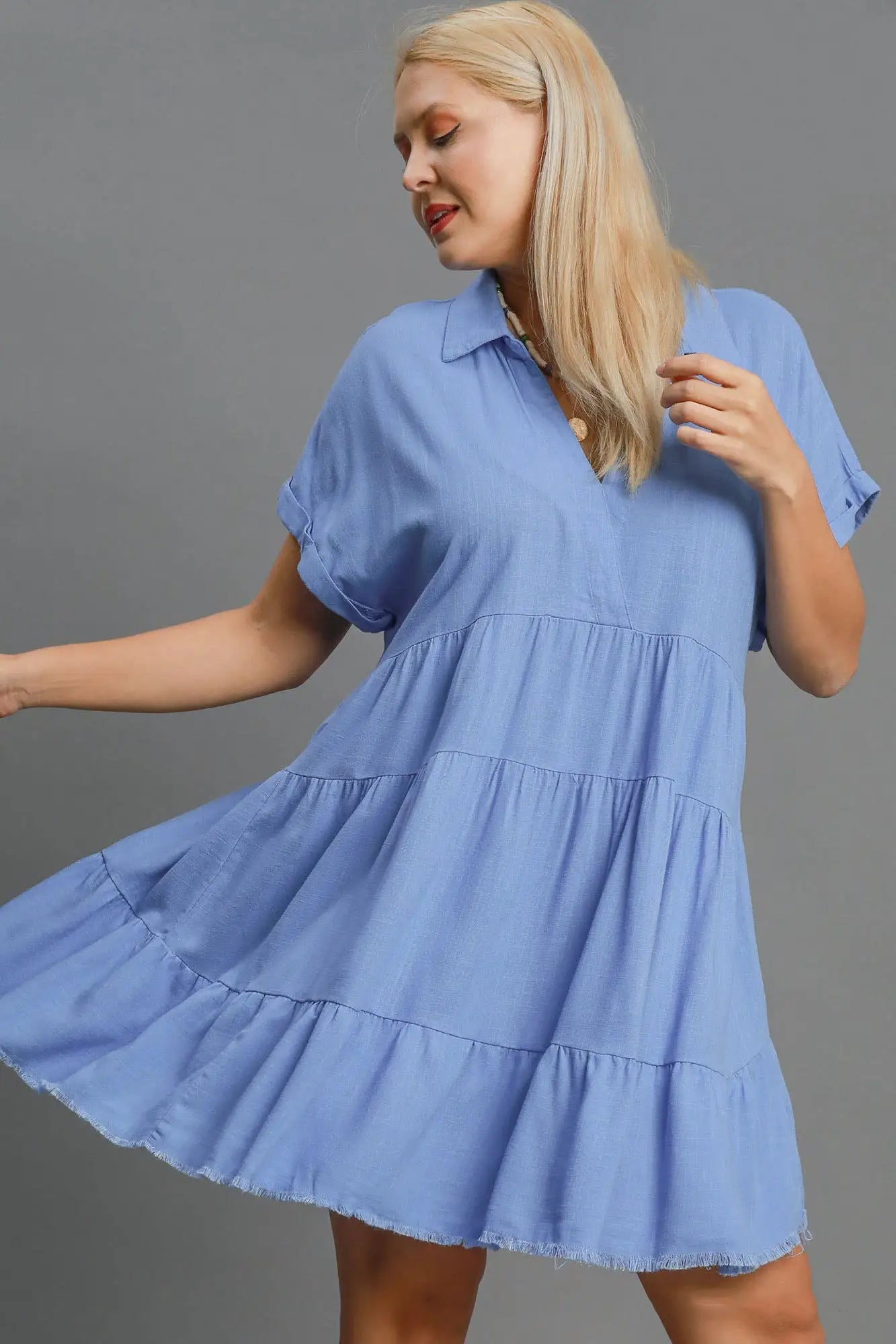 Umgee Full Size Raw Hem Folded Sleeve Tiered Dress Plus Size - Eclectage