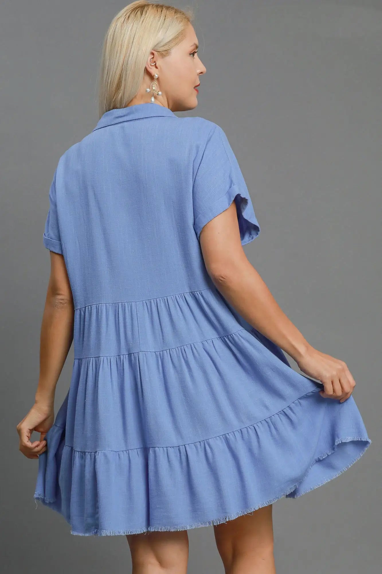 Umgee Full Size Raw Hem Folded Sleeve Tiered Dress Plus Size - Eclectage