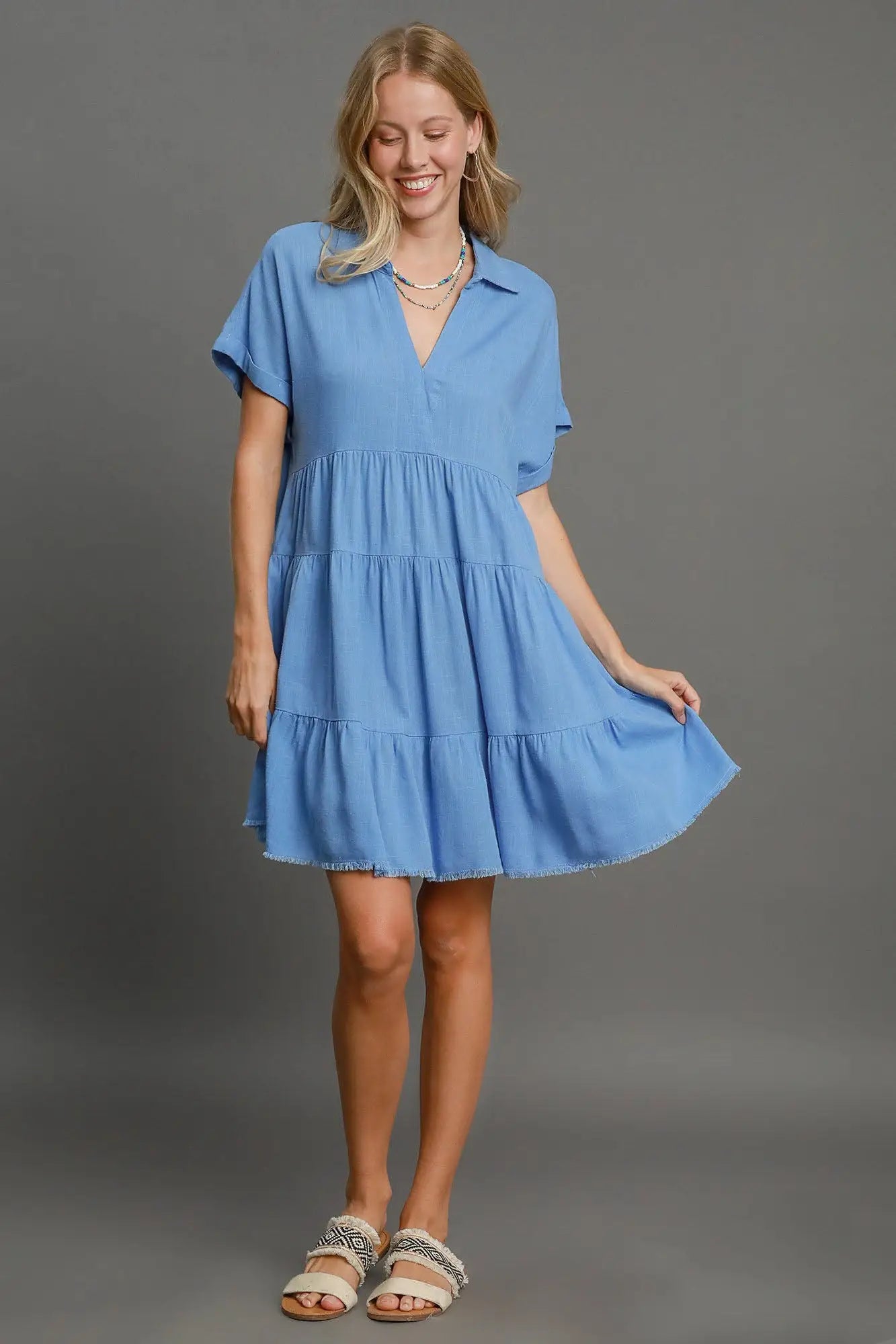 Umgee Full Size Raw Hem Folded Sleeve Tiered Dress Plus Size - Eclectage
