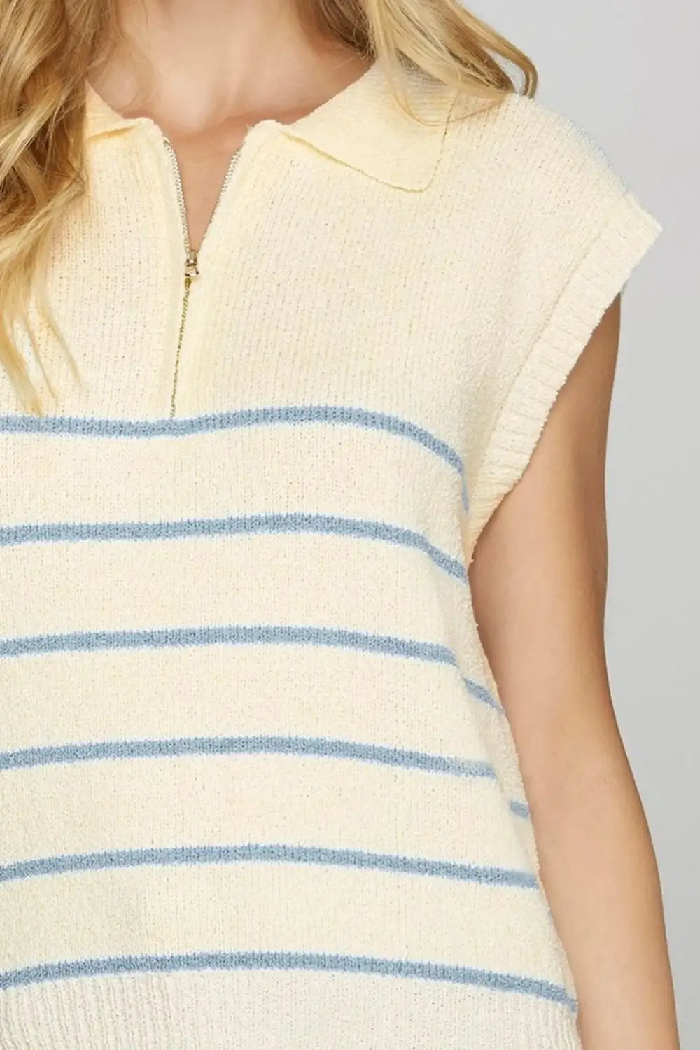 She + Sky Full Size Ribbed Hem Striped Half Zip Sweater Vest Plus Size - Eclectage