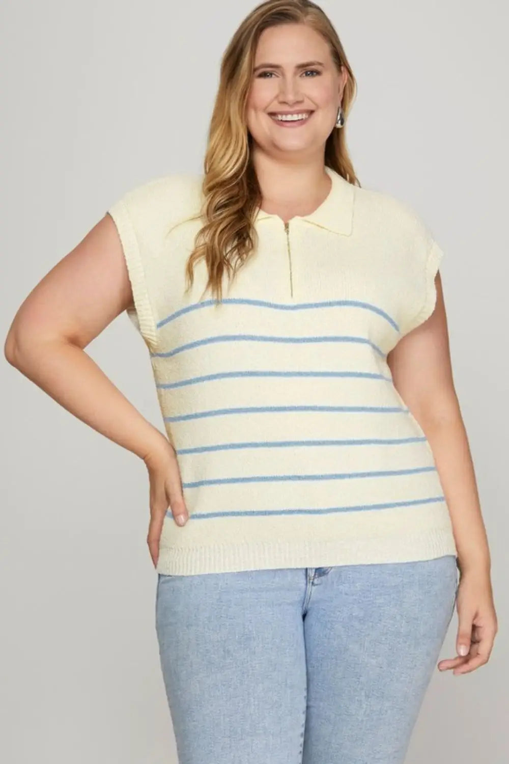 She + Sky Full Size Ribbed Hem Striped Half Zip Sweater Vest Plus Size - Eclectage