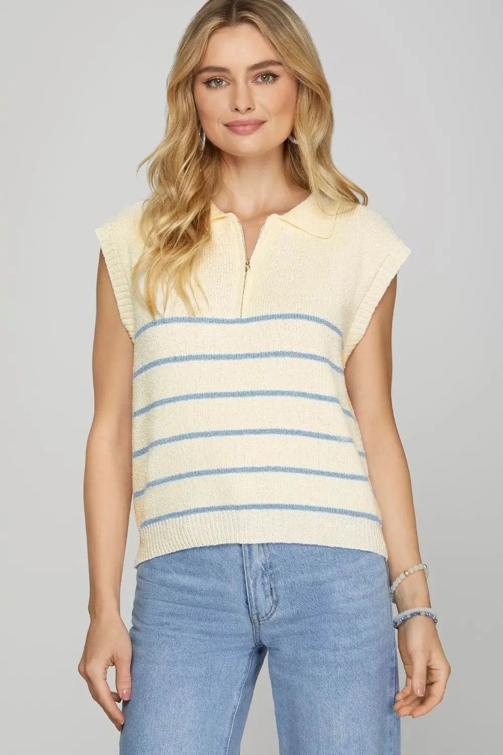 She + Sky Full Size Ribbed Hem Striped Half Zip Sweater Vest Plus Size - Eclectage