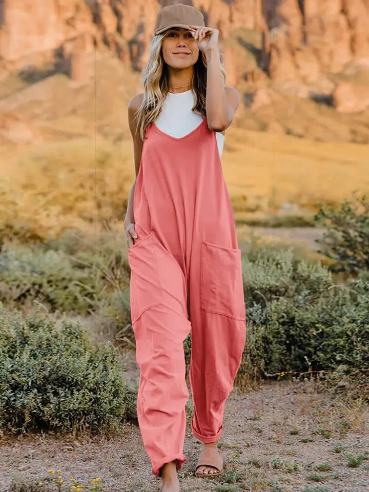 Sleeveless V - Neck Pocketed Jumpsuit - Jumpsuits