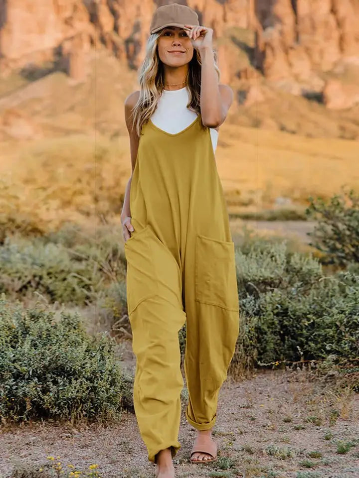 Sleeveless V - Neck Pocketed Jumpsuit - Jumpsuits