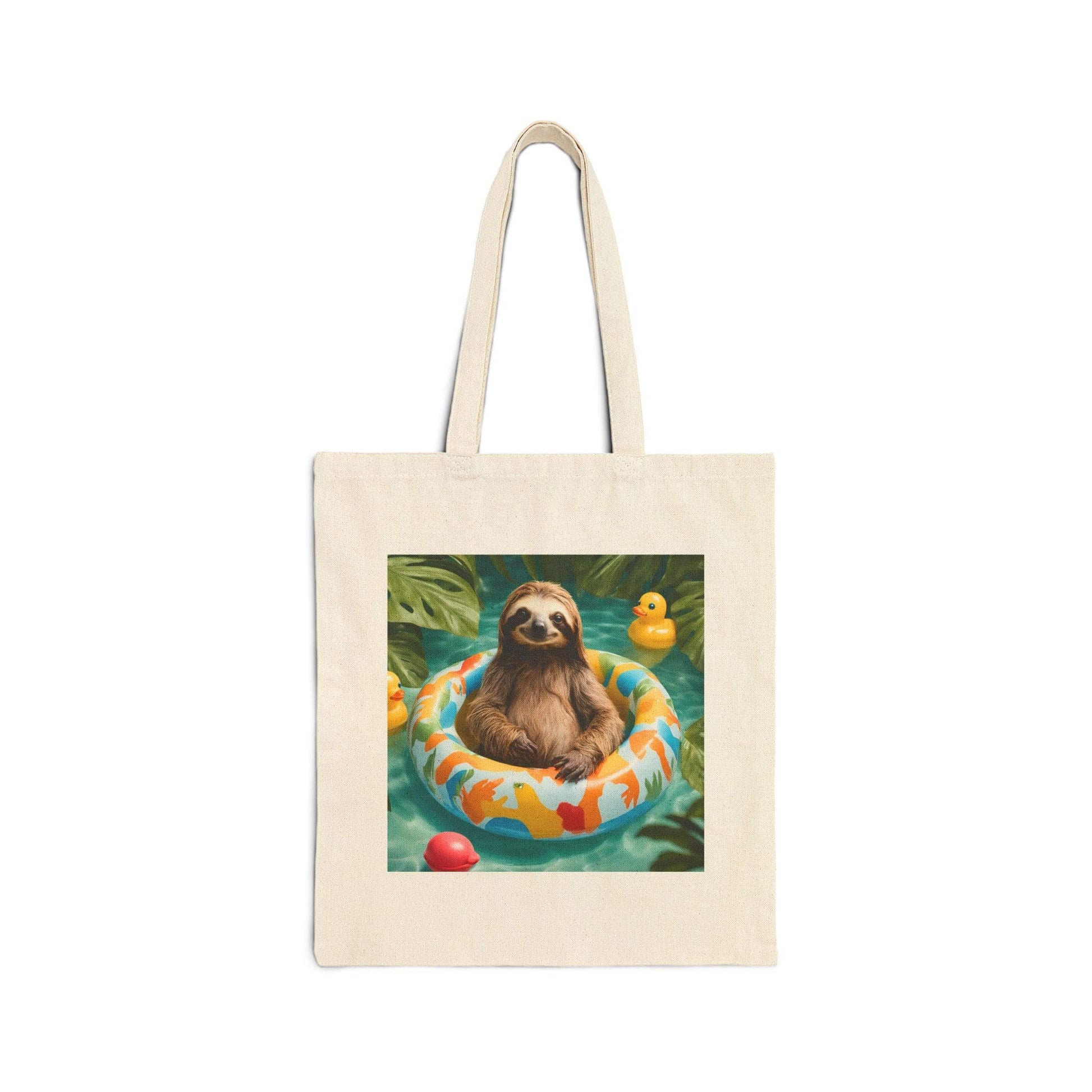 Canvas Tote Bag - Sloth in a Floatie with Toys in Jungle Water Black or Natural Cotton Bag - School Travel Library