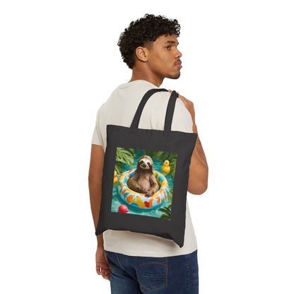 Canvas Tote Bag - Sloth in a Floatie with Toys in Jungle Water Black or Natural Cotton Bag - School Travel Library