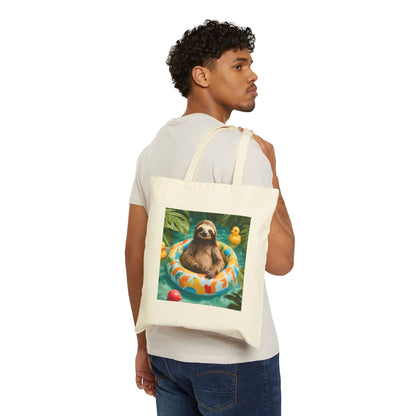 Canvas Tote Bag - Sloth in a Floatie with Toys in Jungle Water Black or Natural Cotton Bag - School Travel Library