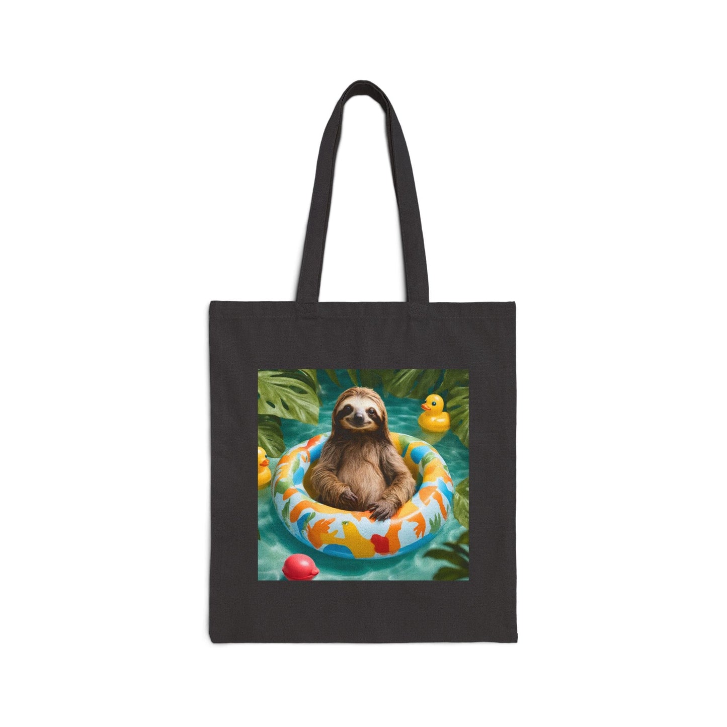 Canvas Tote Bag - Sloth in a Floatie with Toys in Jungle Water Black or Natural Cotton Bag - School Travel Library