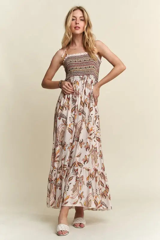 Smocked Printed Ivory Tie Cami Dress - Eclectage