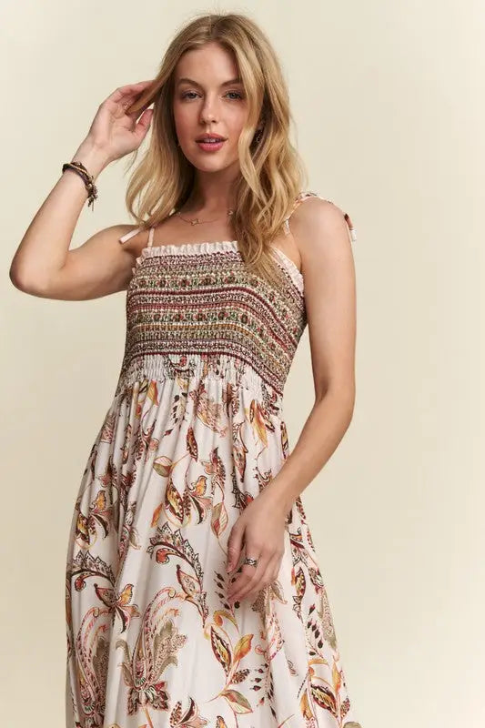 Smocked Printed Ivory Tie Cami Dress - Eclectage