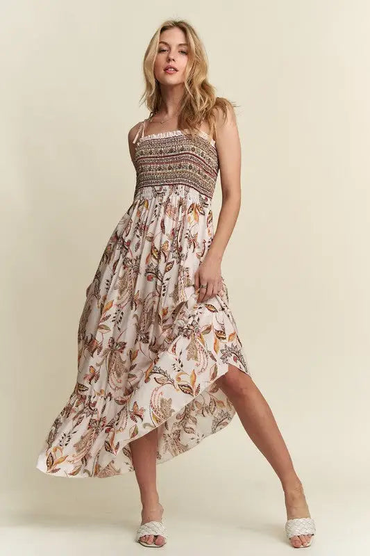 Smocked Printed Ivory Tie Cami Dress - Eclectage