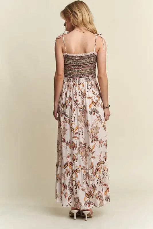 Smocked Printed Ivory Tie Cami Dress - Eclectage