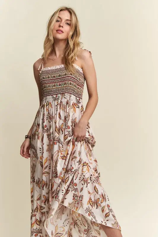 Smocked Printed Ivory Tie Cami Dress - Eclectage