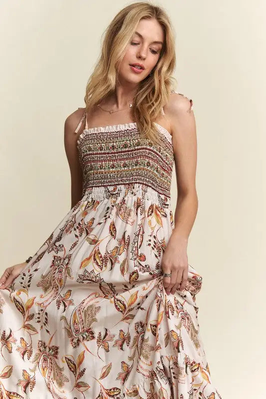 Smocked Printed Ivory Tie Cami Dress - Eclectage