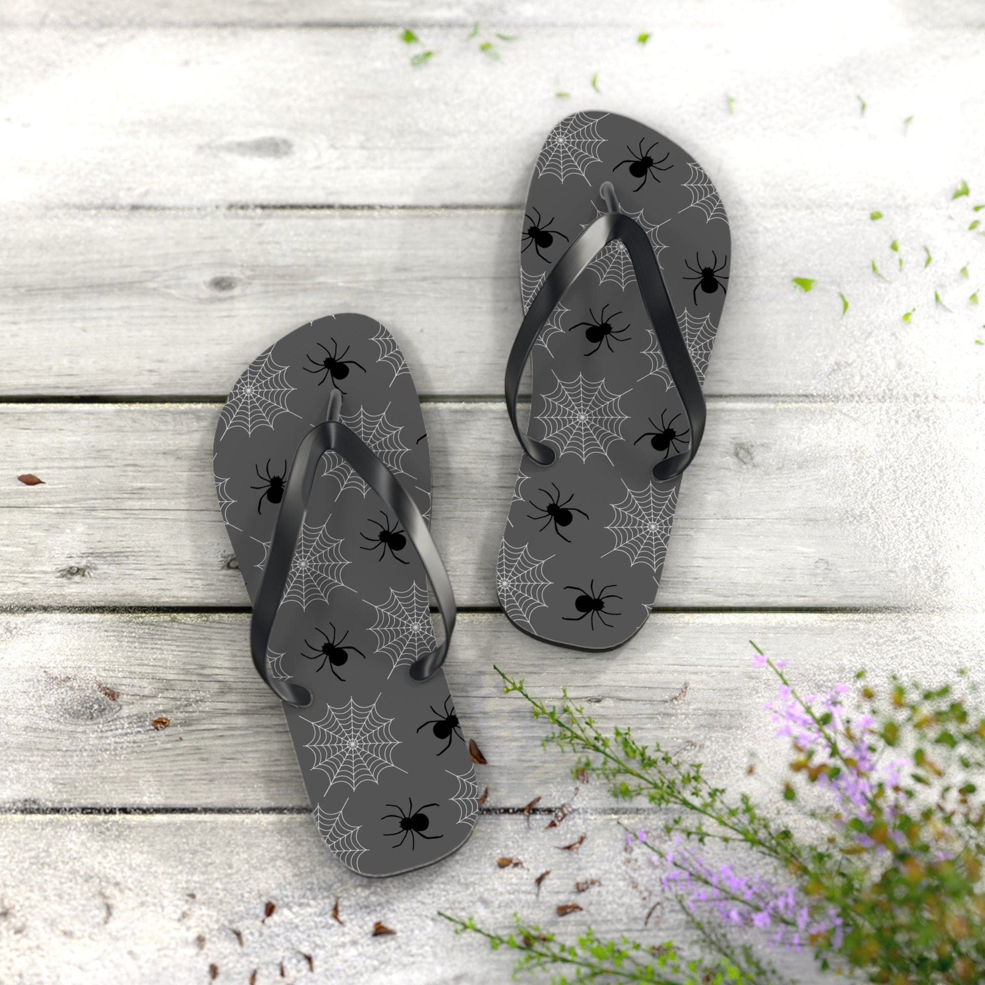 Spider Flip Flops with Spider Webs on Gray - Beach Gym Pool Shower Sandal Shoes for Travel and Summer