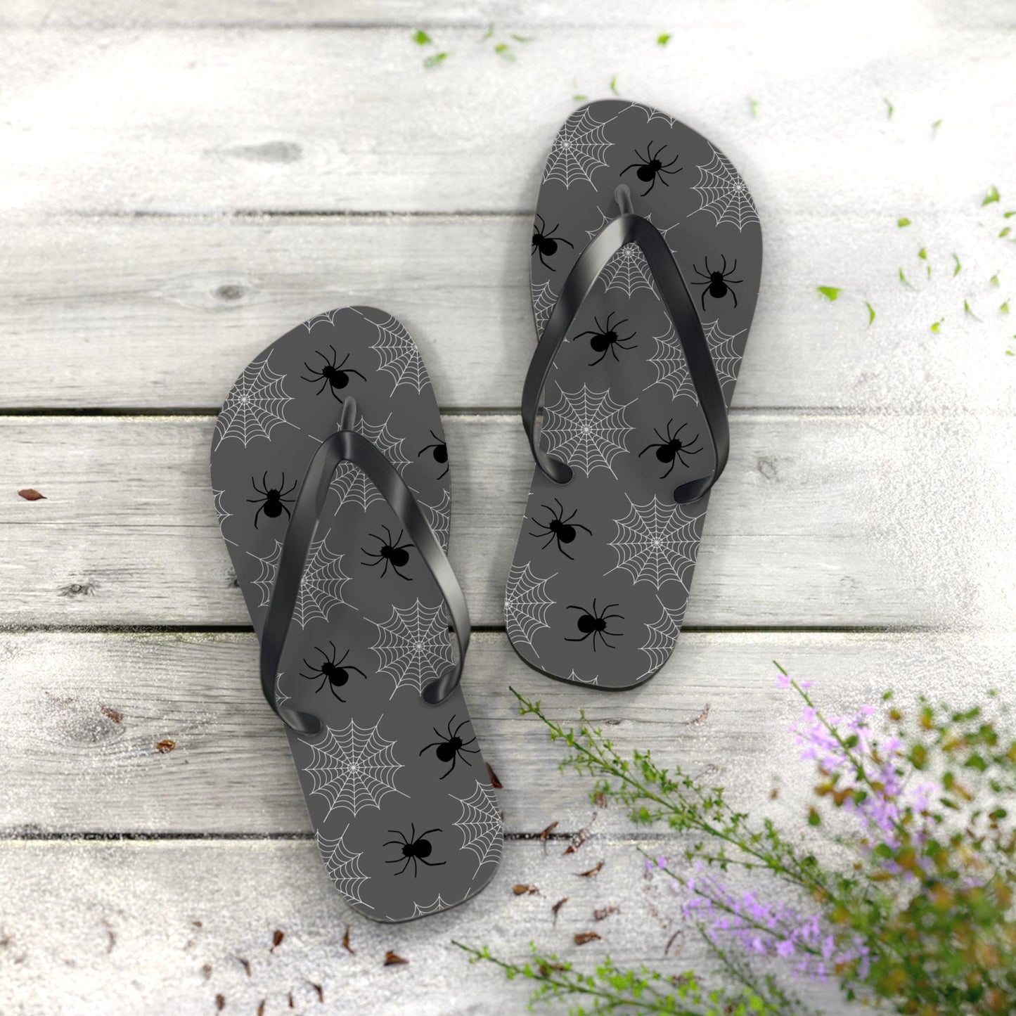 Spider Flip Flops with Spider Webs on Gray - Beach Gym Pool Shower Sandal Shoes for Travel and Summer