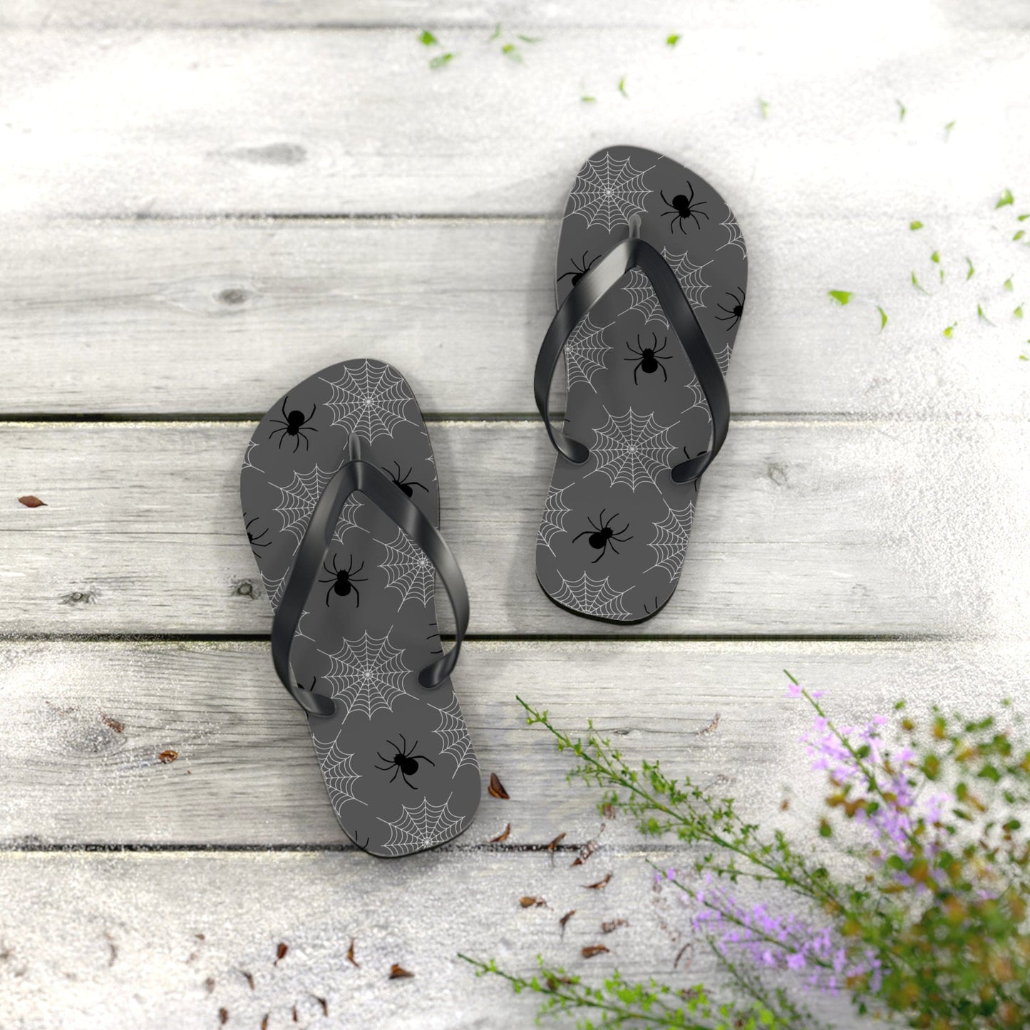 Spider Flip Flops with Spider Webs on Gray - Beach Gym Pool Shower Sandal Shoes for Travel and Summer