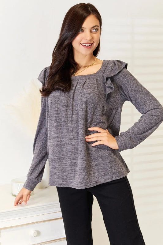 Square Neck Ruffle Shoulder Long Sleeve T-Shirt - Eclectage