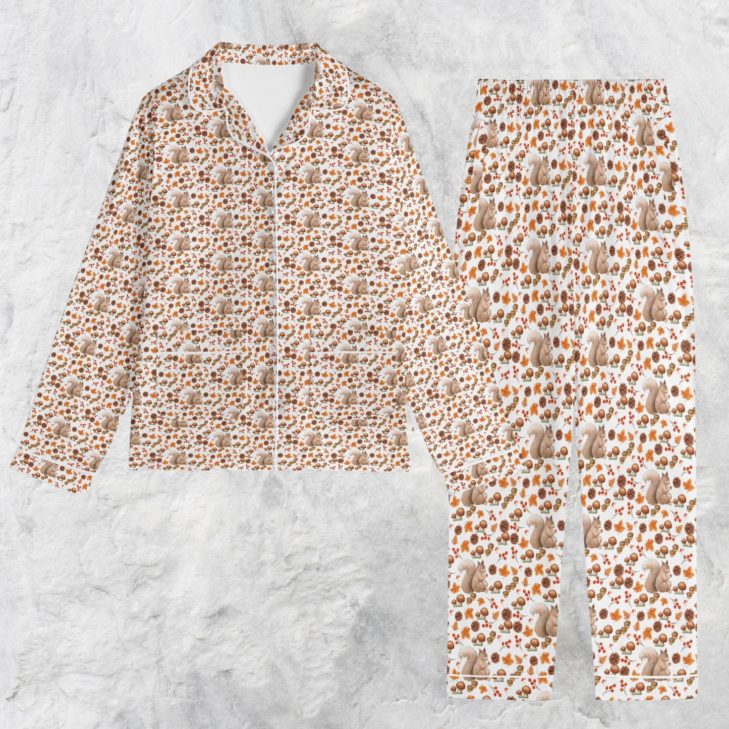 Squirrel Print Fall Pajama Set shirt closeup