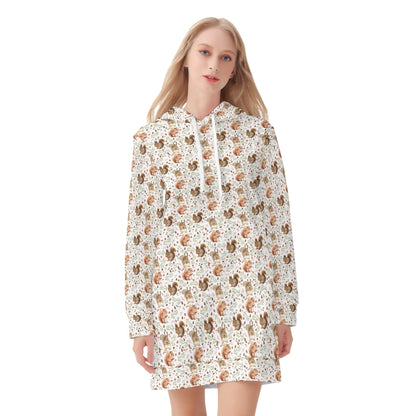 Teal Mushrooms and Leaves Pullover Hoodie Dress Smooth Polyester Sweatshirt Dress