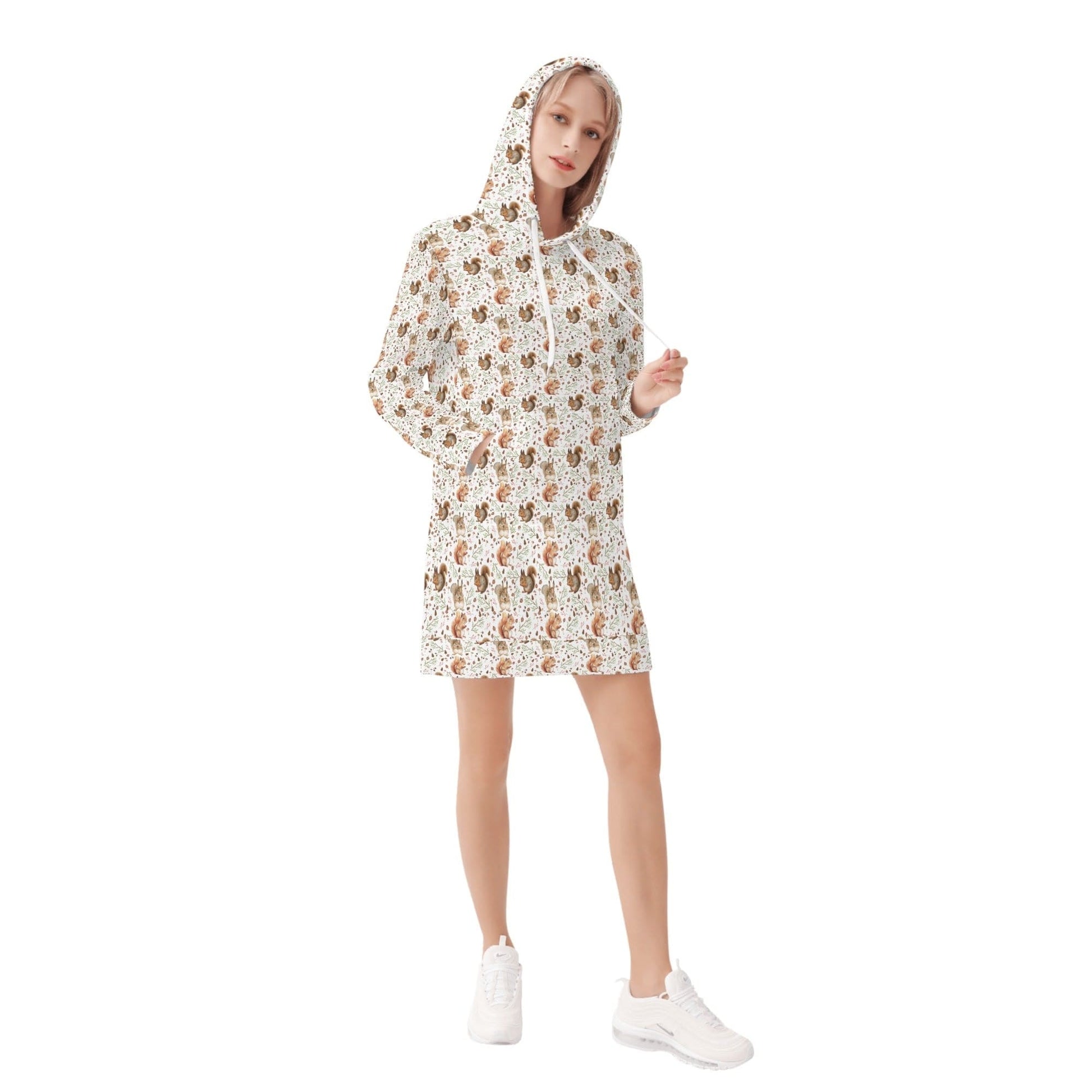 Teal Mushrooms and Leaves Pullover Hoodie Dress Smooth Polyester Sweatshirt Dress