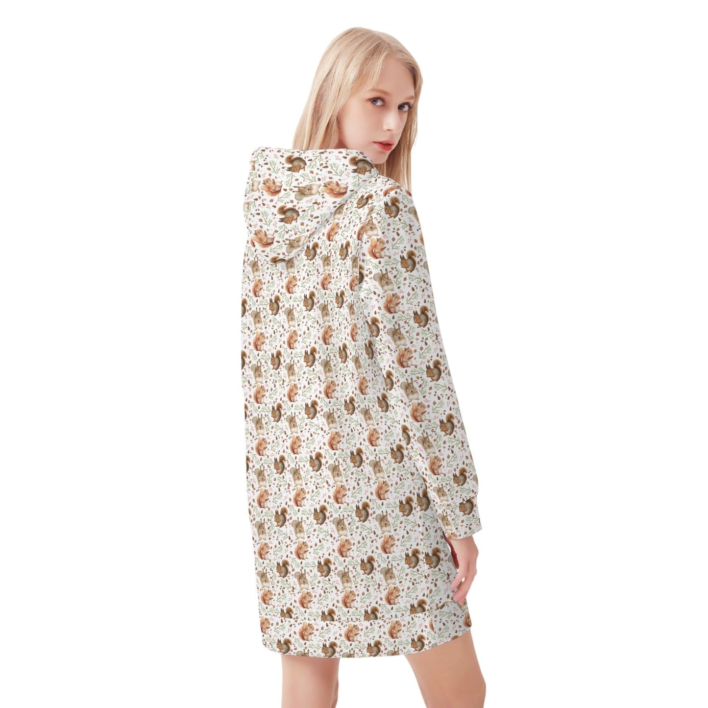 Teal Mushrooms and Leaves Pullover Hoodie Dress Smooth Polyester Sweatshirt Dress