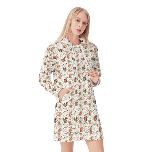 Teal Mushrooms and Leaves Pullover Hoodie Dress Smooth Polyester Sweatshirt Dress