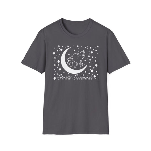 Starlit Serenade Wolf Howling Moon Softstyle T-Shirt - Black Charcoal Navy