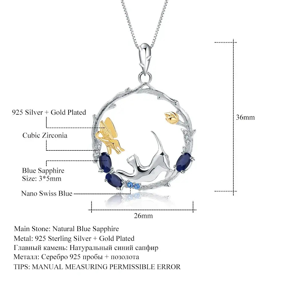 GEM’S BALLET 925 Sterling Silver Handmade Cat & Butterfly Pendant Necklace 0.84Ct Natural Blue Sapphire Fine Jewelry