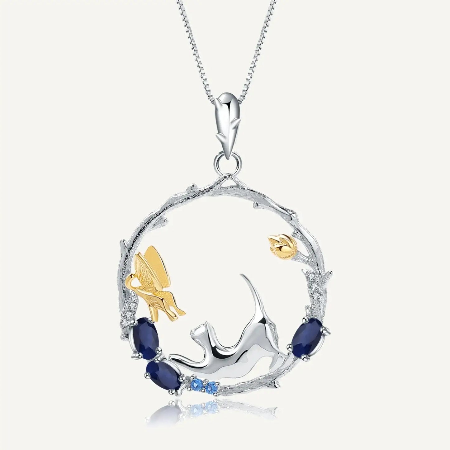 GEM’S BALLET 925 Sterling Silver Handmade Cat & Butterfly Pendant Necklace 0.84Ct Natural Blue Sapphire Fine Jewelry