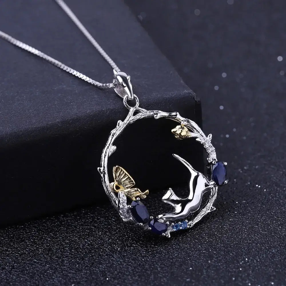 GEM’S BALLET 925 Sterling Silver Handmade Cat & Butterfly Pendant Necklace 0.84Ct Natural Blue Sapphire Fine Jewelry