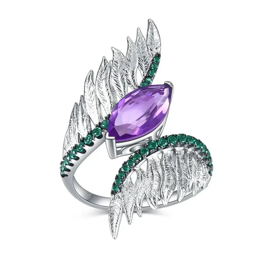Sterling Silver Feather Ring 5 / United States / Amethyst|925 Sterling Silver Rings