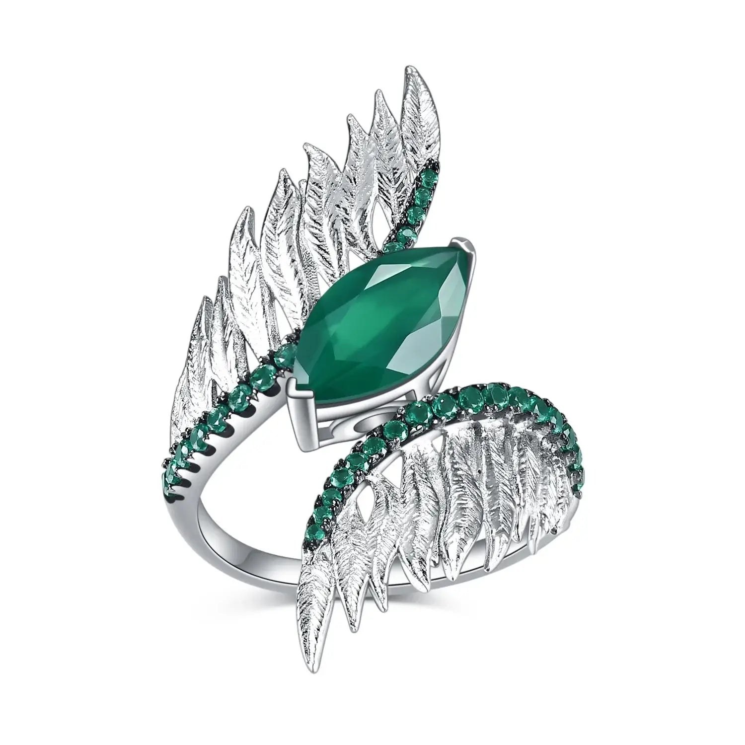 Sterling Silver Feather Ring 5 / United States / Green Agate|925 Sterling Silver Rings