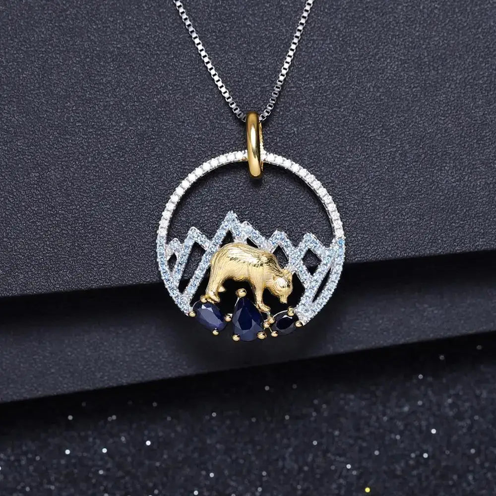 GEM’S BALLET 1.02Ct Natural Sapphire 925 Sterling Silver Handmade Snow Mountain Polar Bear Pendant Necklace Women