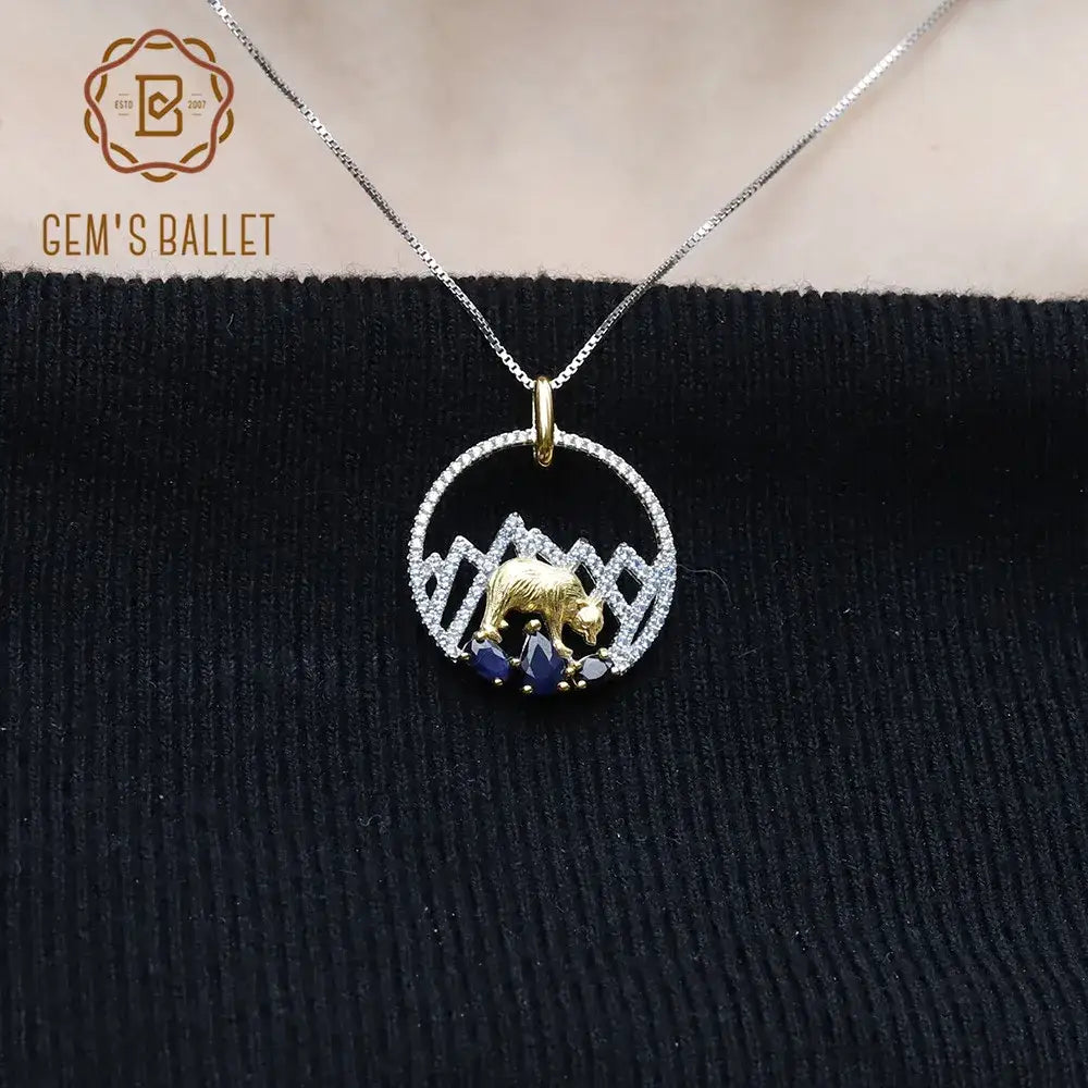 GEM’S BALLET 1.02Ct Natural Sapphire 925 Sterling Silver Handmade Snow Mountain Polar Bear Pendant Necklace Women