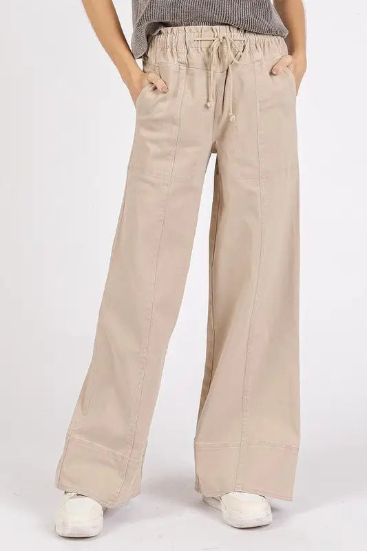 Stone Color Mineral Wash Wide Leg Pants - Pants