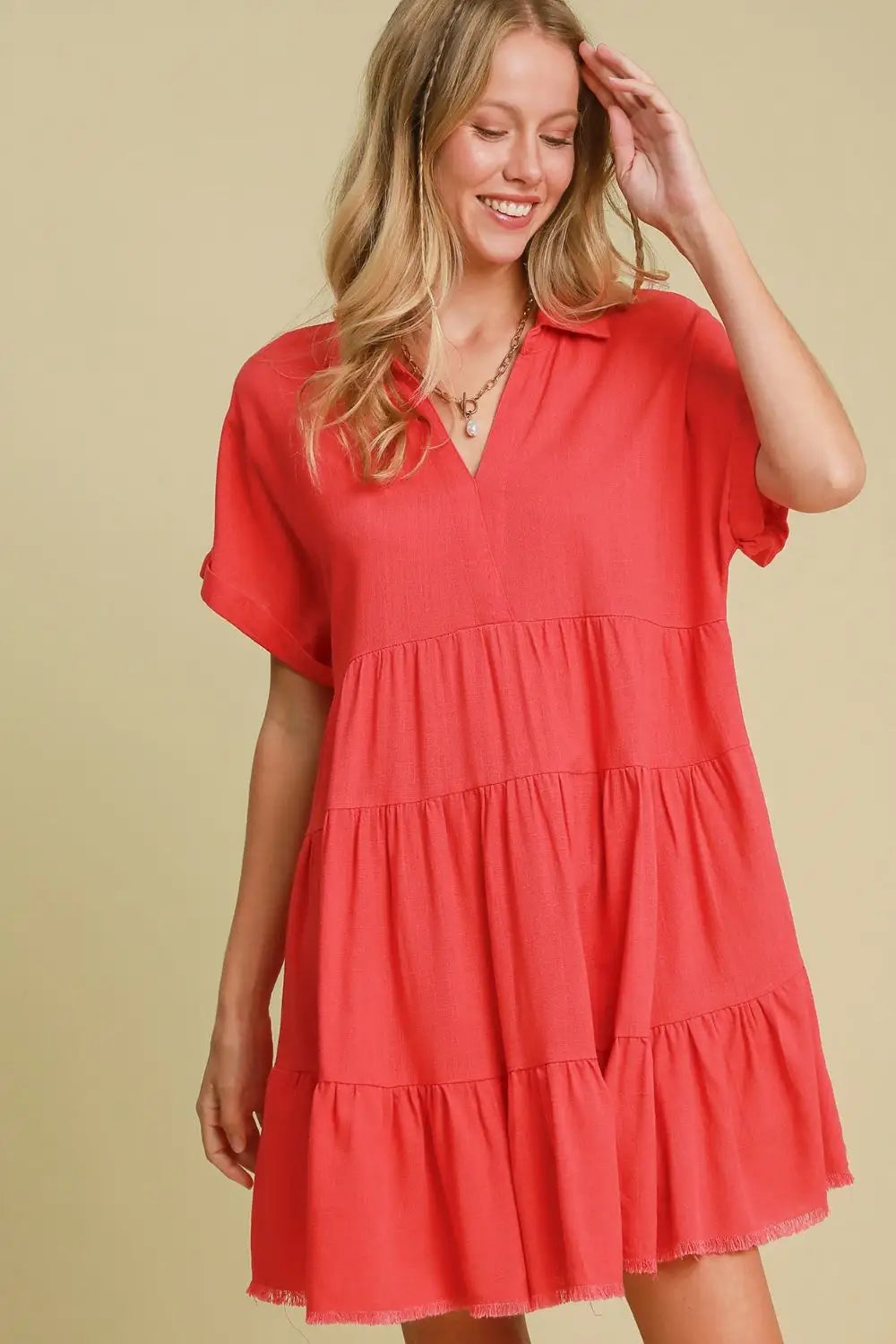 Strawberry Color Tiered Dress - Mini Dresses