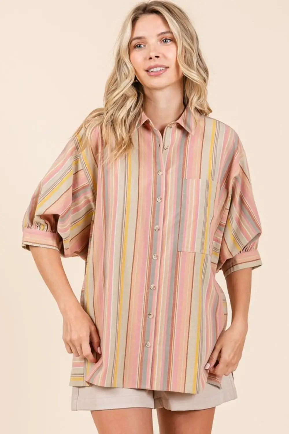 Striped Bubble Sleeve Button Down Shirt - Eclectage