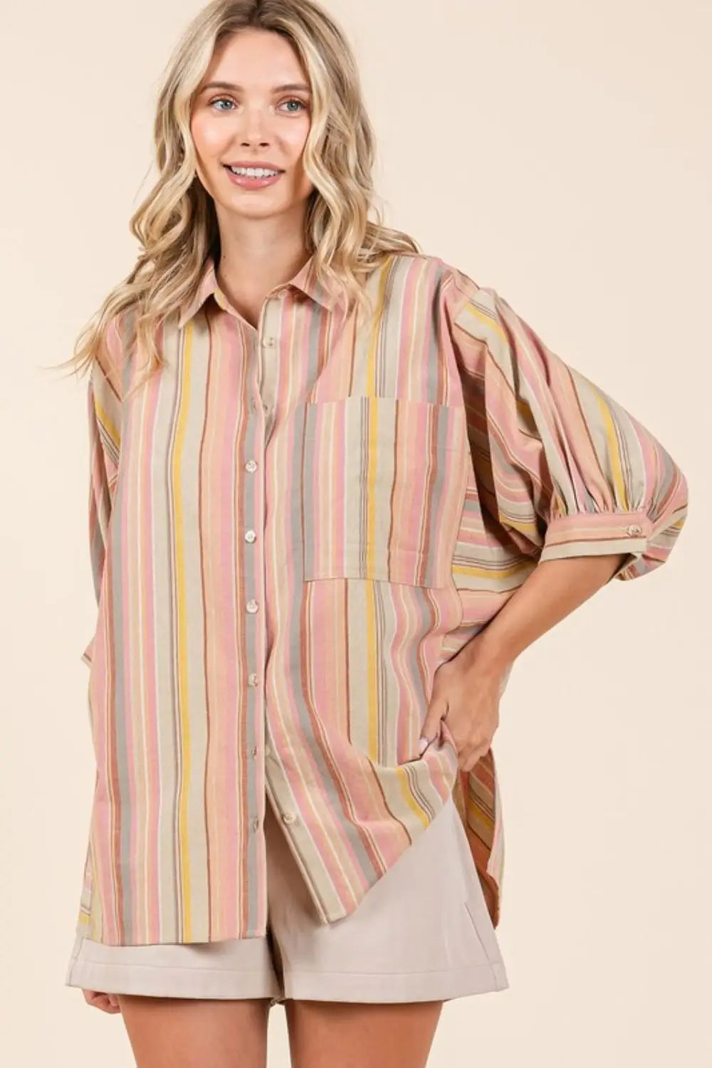 Striped Bubble Sleeve Button Down Shirt - Eclectage