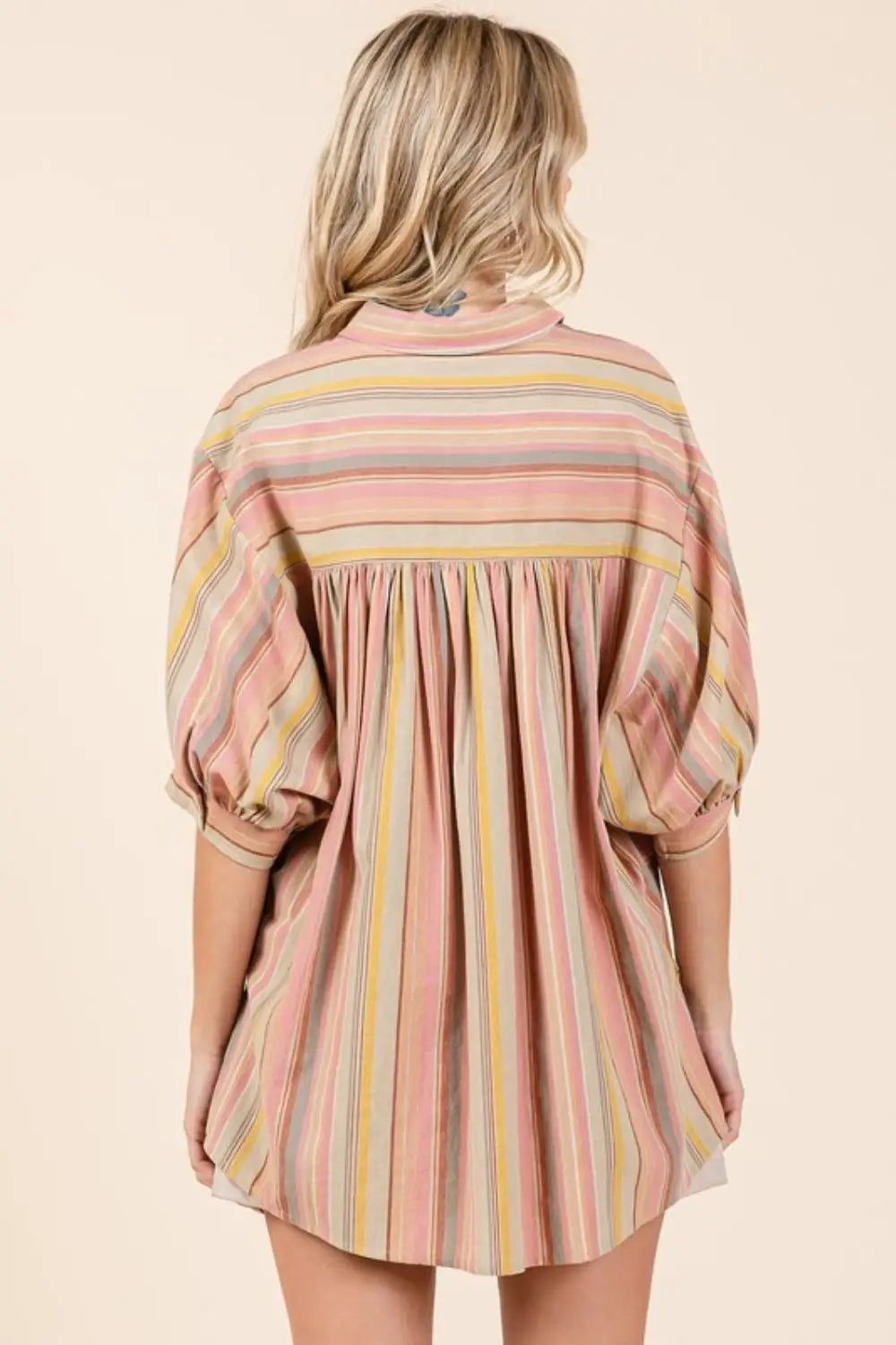 Striped Bubble Sleeve Button Down Shirt - Eclectage
